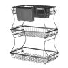 3 Tier Fruit Basket, Countertop Fruits Vegetable Bowl with Banana Hangers and Side Storage Basket, Metal Wire Storage Stand for Kitchen Counter, Hold