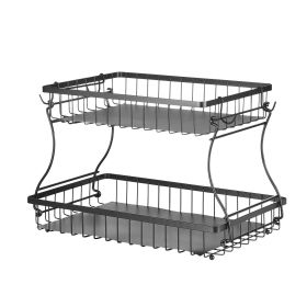 2 Tier Fruit Basket, Countertop Fruits Vegetable Bowl with Banana Hangers, Metal Wire Storage Stand for Kitchen Counter, Detachable Stackable Holder
