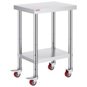 VEVOR Stainless Steel Work Table 24 x 18 x 34 Inch, 700 LBS Load Capacity with 4 Wheels, 3 Adjustable Height Levels, Heavy Duty Food Prep Worktable f